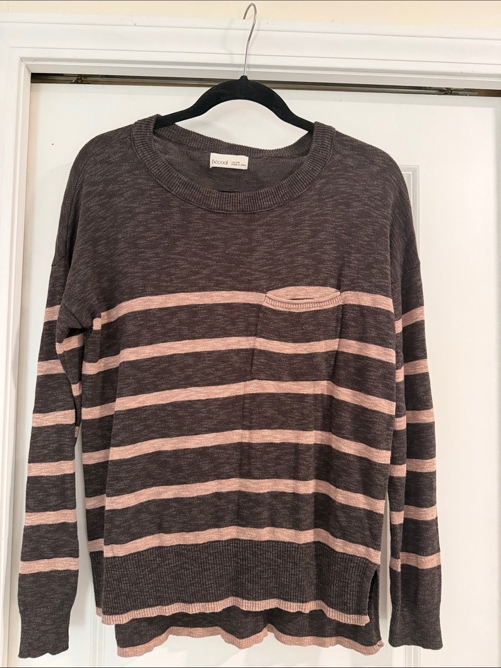 BE COOL Brown & Beige Striped Crew Sweater